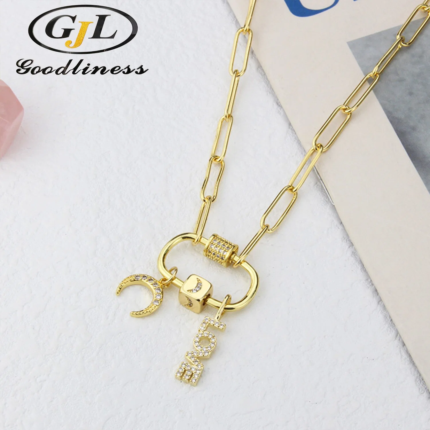 Costume Jewelry Letter Moon Pendant 14K Gold Paperclip Chain Necklace