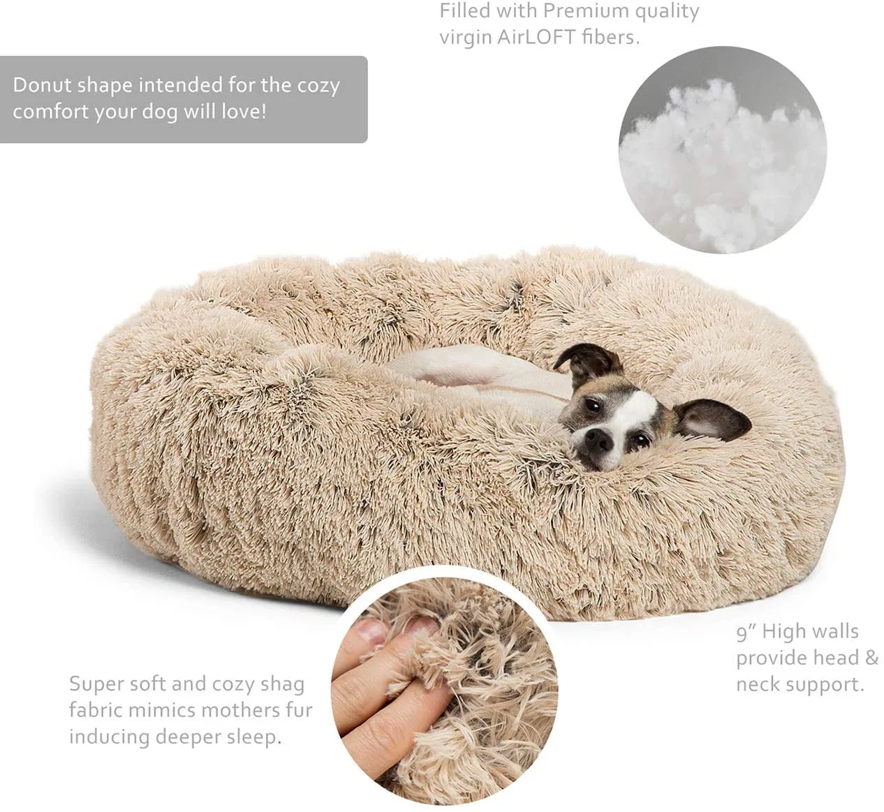 Calming Shag Vegan Fur Donut Cuddler Calming Dog Bed