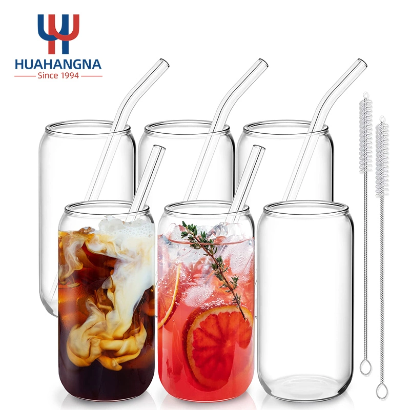 Amazon Hot sale verres à boire 6 PCS 16oz boîte de boissons gazeuses Ensemble de tasses en verre avec paille pour thé au soba Smoothie Café glacé à l'eau de whisky