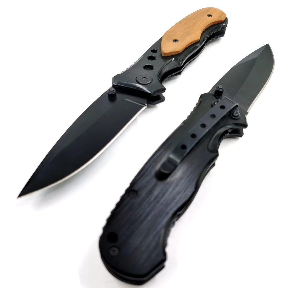 Pk-432bk The Best Sales Black Coating Blade Anodized Handle Decorated Olive Wood Folding Pocket Knife