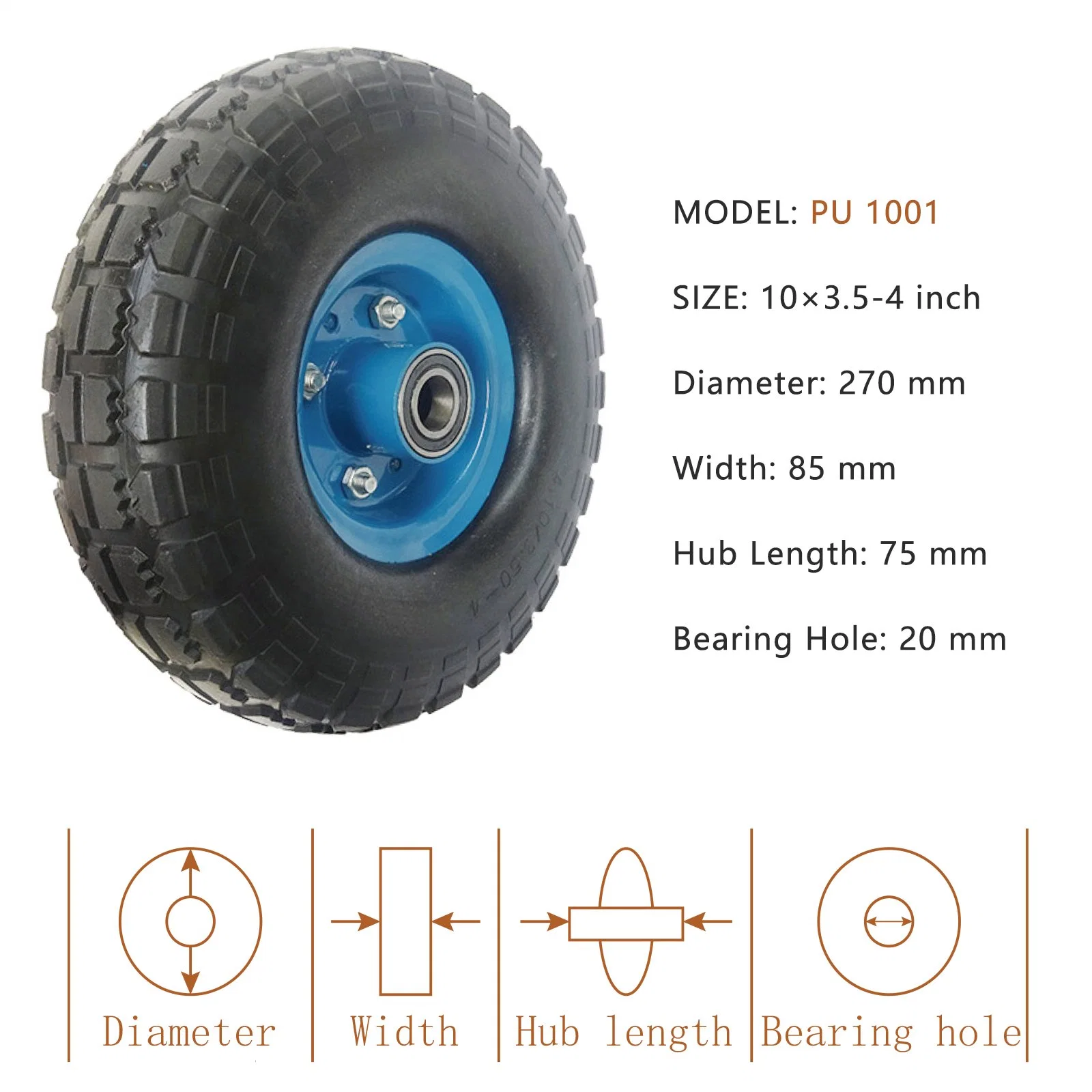 PU1001 roue en polyuréthane 4.10/3.50-4 pneu chariot de camion à main 10 pouces Roues solides en polyuréthane mousse polyuréthane résistant