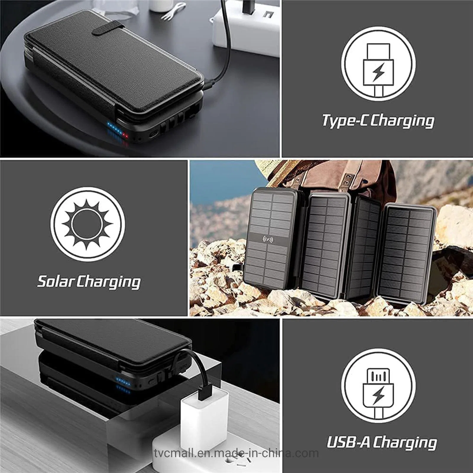 Sy-L3s4w Pd 20W 16000mAh Banco de Energia Solar Dobrável à Prova d'Água com Carregamento Sem Fio para Telefone Bateria Externa com Cabo Lightning / Type-C / USB Incorporado.