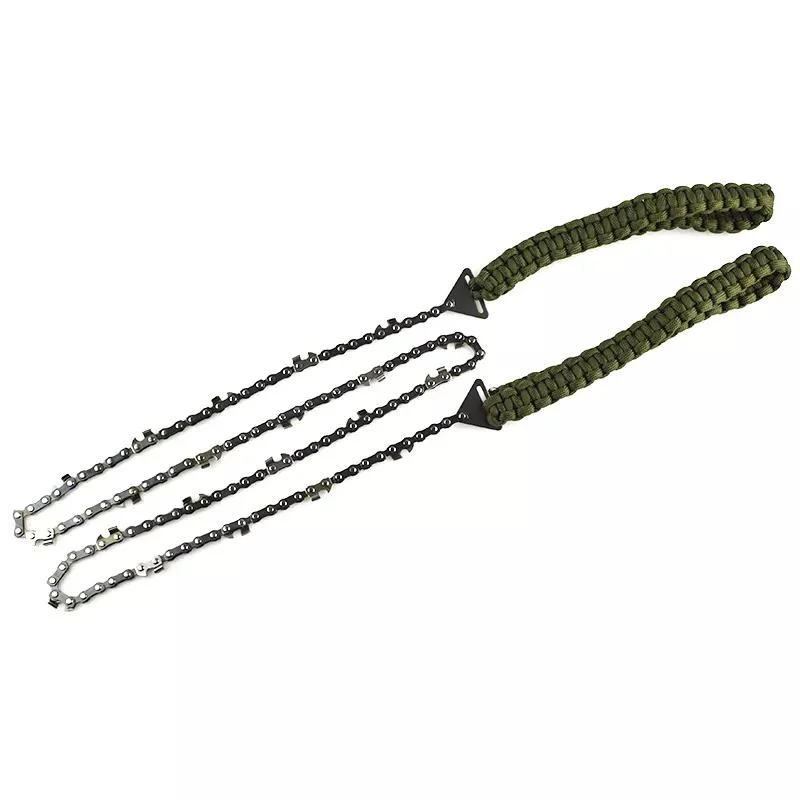 24 Zoll 11 Schneidklingen Paracord Pocket Hand Kettensäge, Grüne Parachute Cord Sling Griff Kettensäge Camping Survival Hand Tool