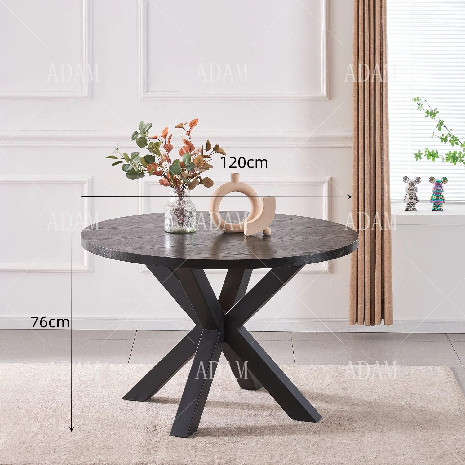 Small Round Black Veneer MDF Dining Room Furniture Solid Wood Dining Table