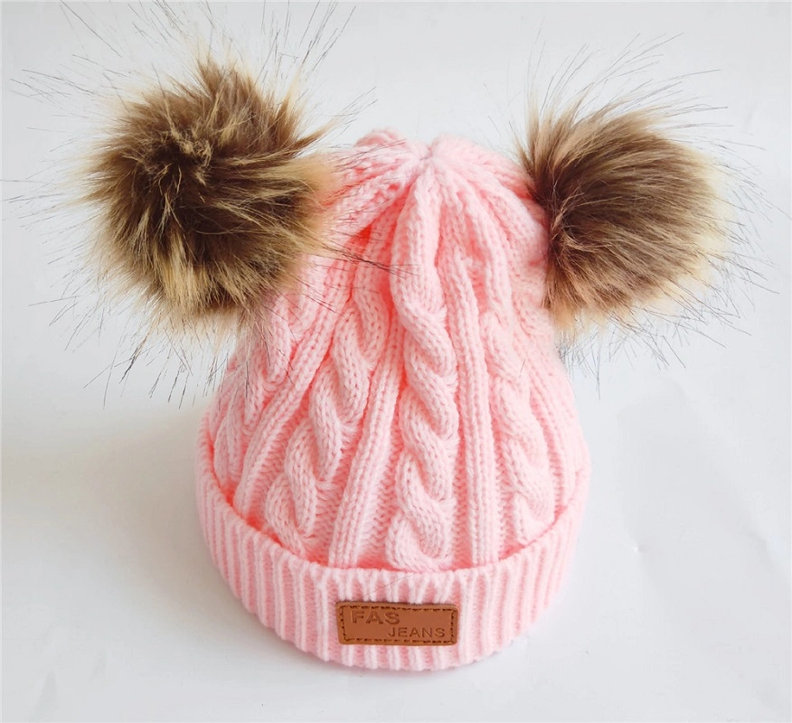 Infant Toddler Beanie Woolen Hat Pure Color Winter Twist Double POM POM Wool Knitted Hat for 1-3 Years Old Esg13428