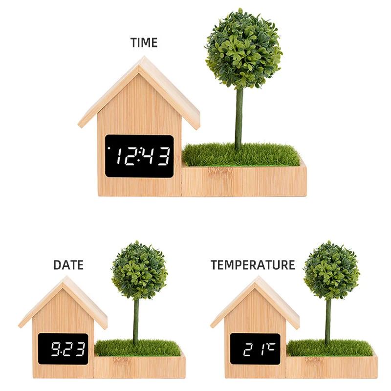 Custom Gift Home Decoration Real Bamboo House Shape Solid Wood Alarm Clock