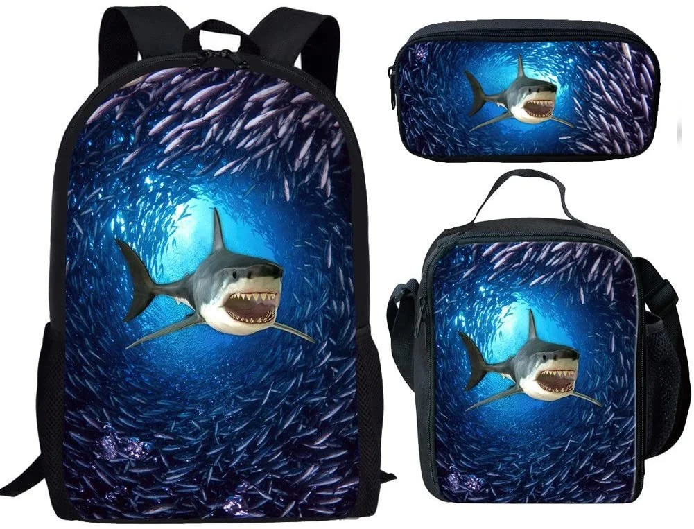 Shark Print Student School Bag with Lunch Bag Pencil Bag