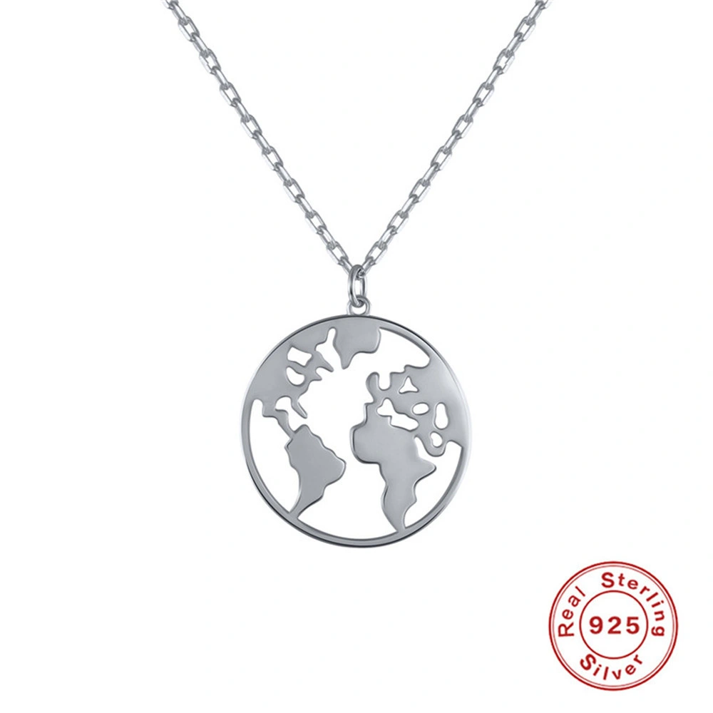 Trend European and American Earth Map Necklace 925 Sterling Silver Pendant Necklace