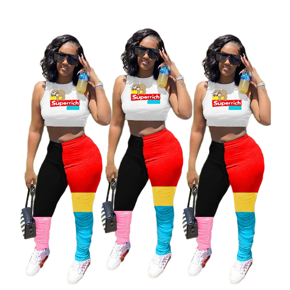 El verano de 2021 Nuevos productos Top Colorblock de Cosecha de dos piezas Ruched Streetwear Casual pantalones para mujer