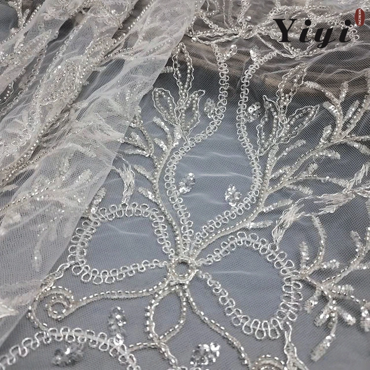 New Custom Designgradient Row 3D Solid Color Beads Mesh Embroidery Lace Tulle Fabric