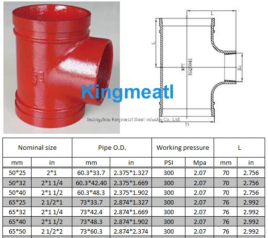 High Quanlity Thread Grooved Reducing Tee Pipe Fitting Fire Protection