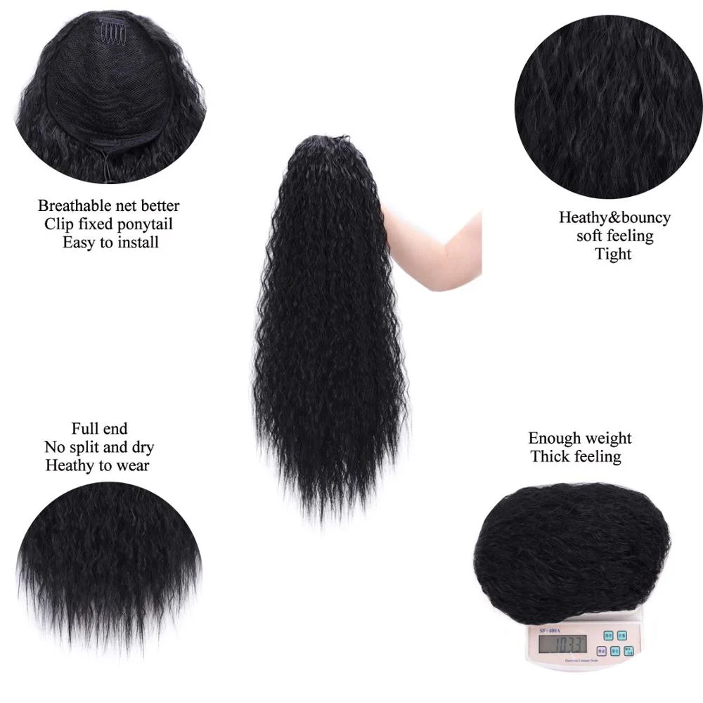 Kbeth Human Hair Extension Long Curly Drawetring Ponytail Black Synthetic Yaki Curly Drawstring Ponytail Hair Extensions for Black Women 1b Color