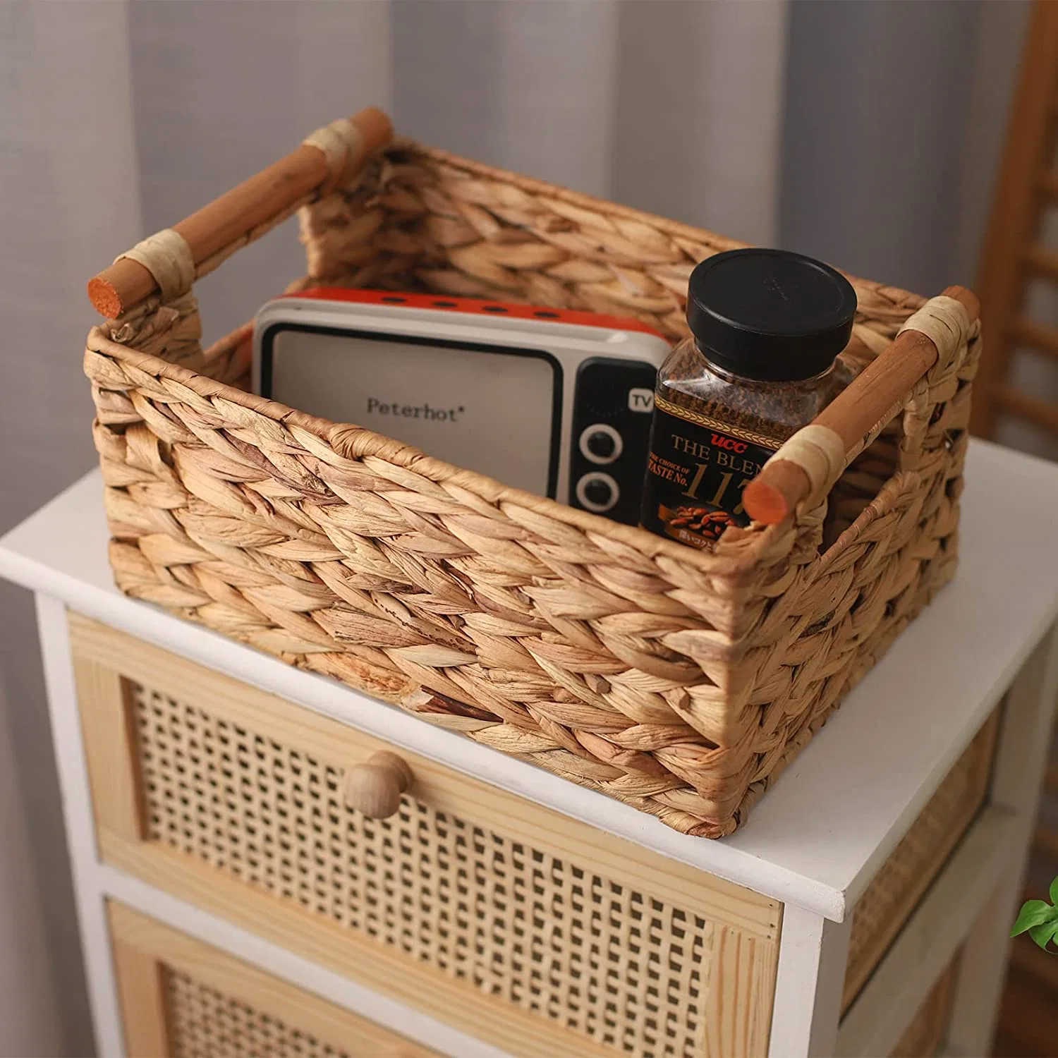 Hand Woven Water Hyacinth Wicker Storage Basket with Wooden Handles