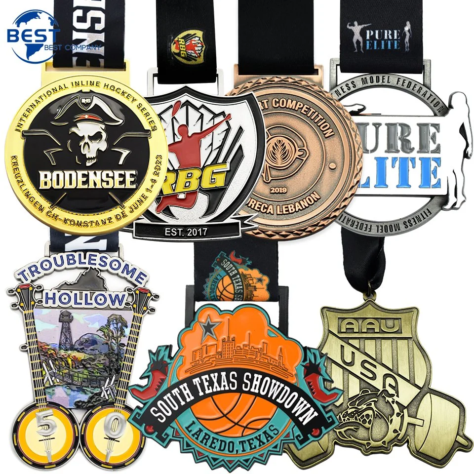 Manufacture Zinc Alloy Logo Football Soccer Marathon Running Race Sport Design Custom Metal Engraved Enamel Medals with Ribbon