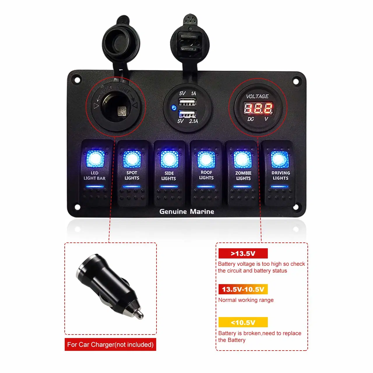 6/8 Gang Rocker Switch Panel Waterproof Digital Voltmeter Display Dual USB Charger Port