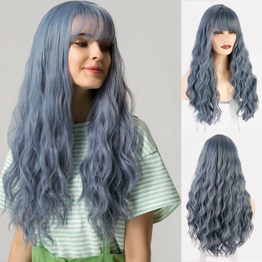 Long Water Wave Blue Grey Synthetic Hair Wigs with Bangs