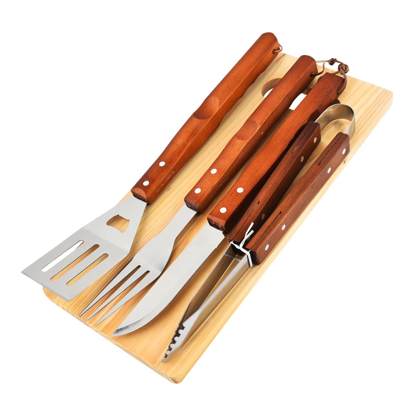 Outdoor BBQ and Summer Grilling Accessories with Wood Cutting Board 5PCS Wooden Handle Barbecue Tool Set