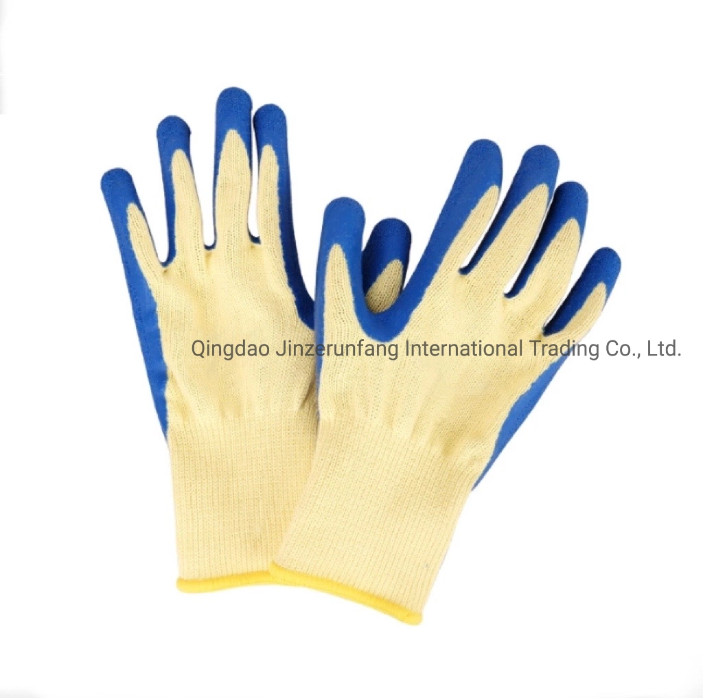 En388 Blue Latex Wrinkled Coated Yellow Polyester Safety Work Construction Gloves