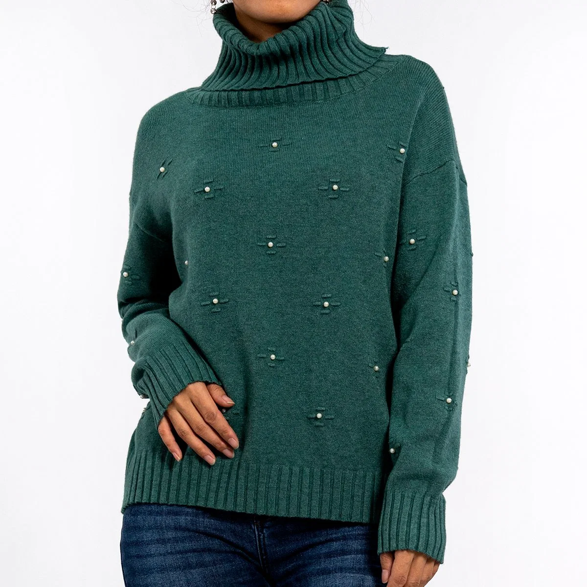 Women's High Neck Three-Dimensional Embroidery Pearl Long-Sleeved Green Sweater Pullover