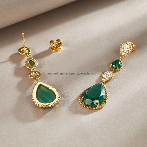 Plaqué or long charme naturel Collier Malachite Earrings Bijoux fixe