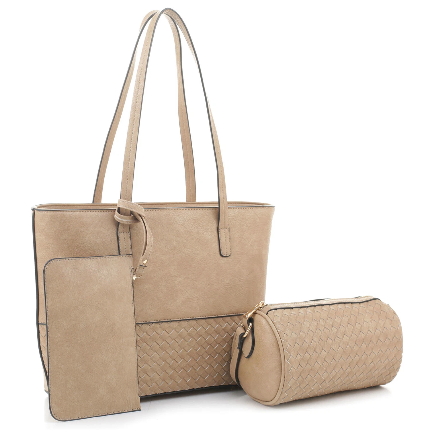 Lady Fashion PU Leather Woven 3-in-1 Shopper Set Handbag Women Tote Bag
