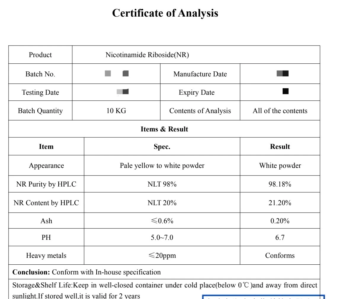 CAS d'alimentation de l'usine 1341-23-7 99 % Nr nicotinamide riboside