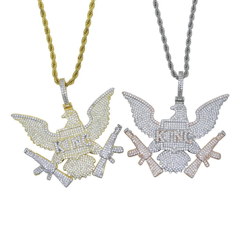 New Design Iced out Micro Paved Bling CZ Letters King Eagle Pendant Gold Plated Necklace Hiphop Men Jewelry