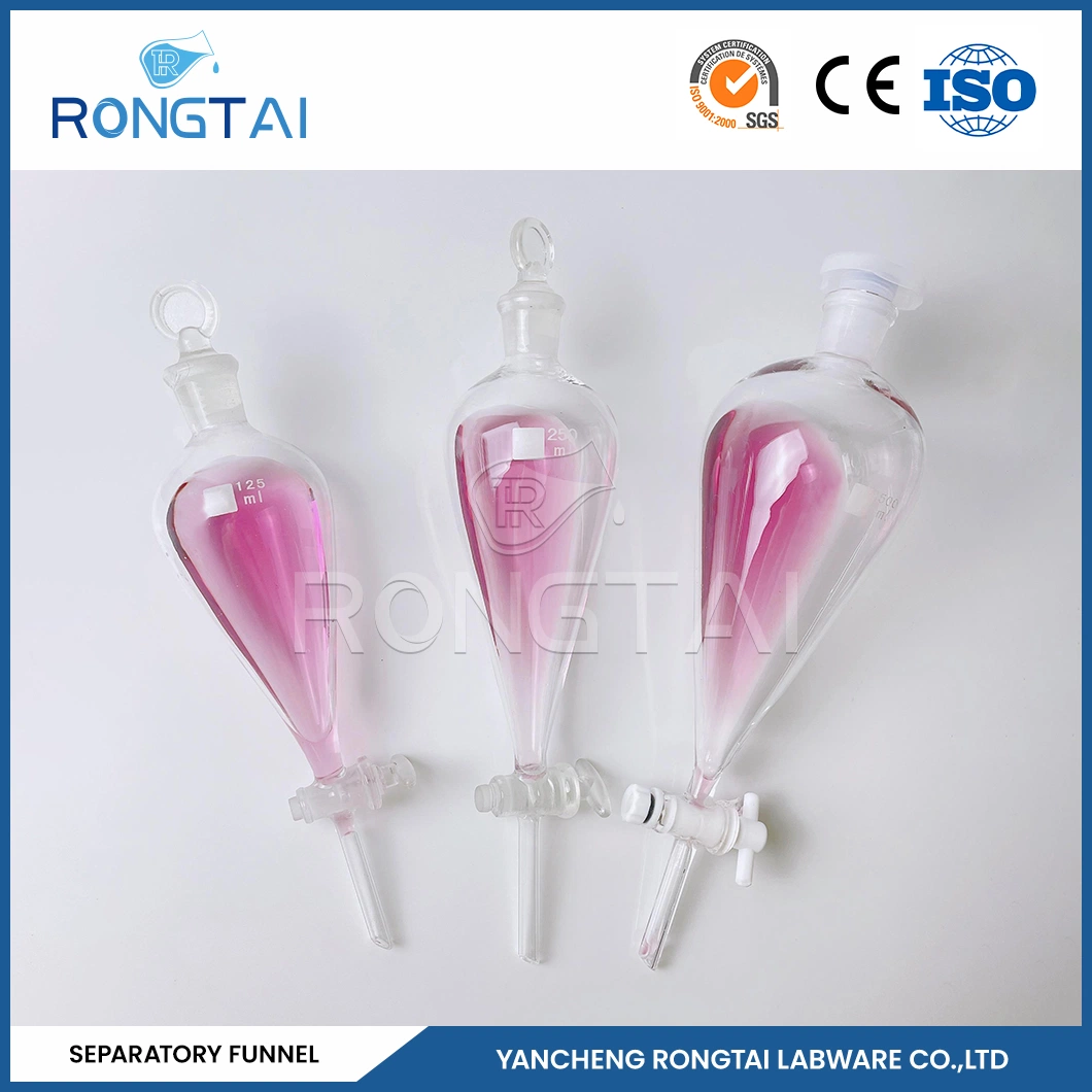 Rongtai Chemie Labor Ausrüstung Großhändler Labor Glassware China Birnenform Separationstrichter mit Tetrafluoro-Pist