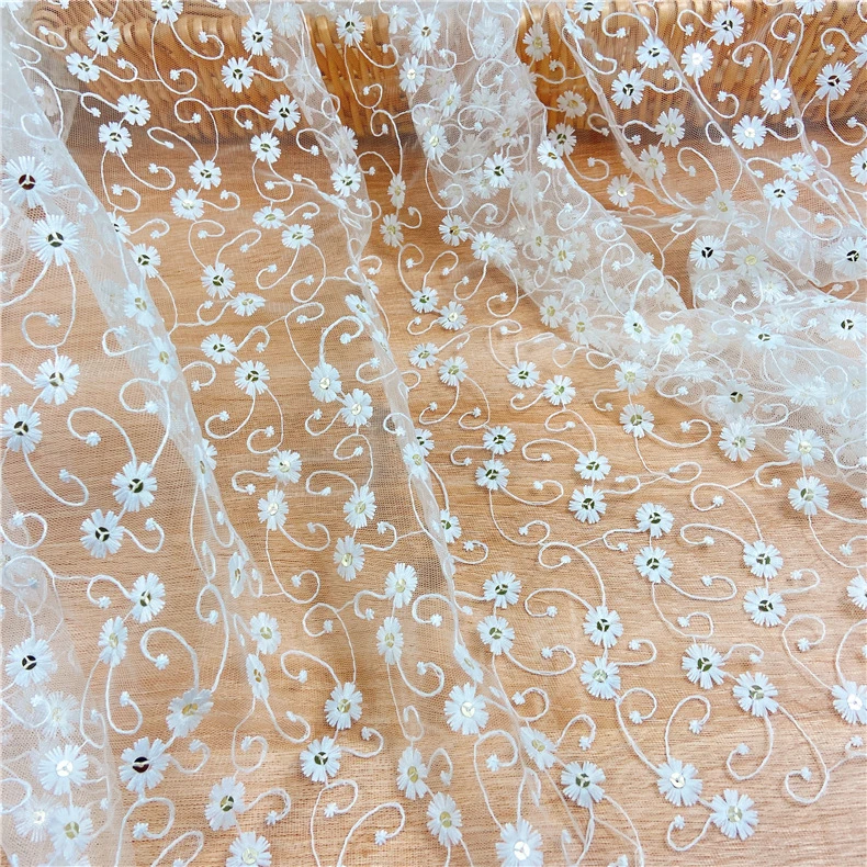 Embroidery Lace Milk Silk Sequins Mesh Lace Fabric Clothing Wedding Embroidery Fabrics