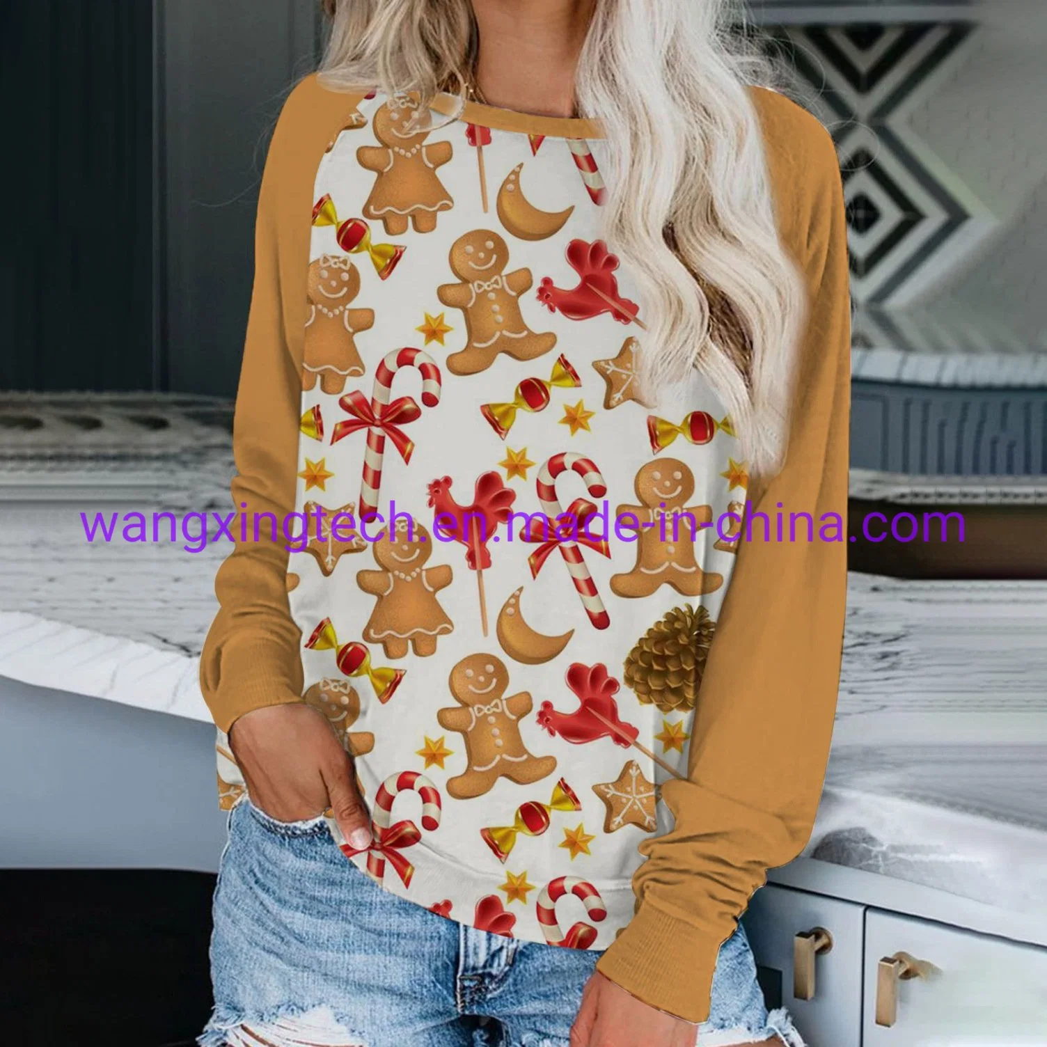 Großhandel 2022 Herbst und Winter Neue Frauen Weihnachtsjacke Druck 3D Pullover Lässiges Langarm-Shirt mit Rundhalsausschnitt