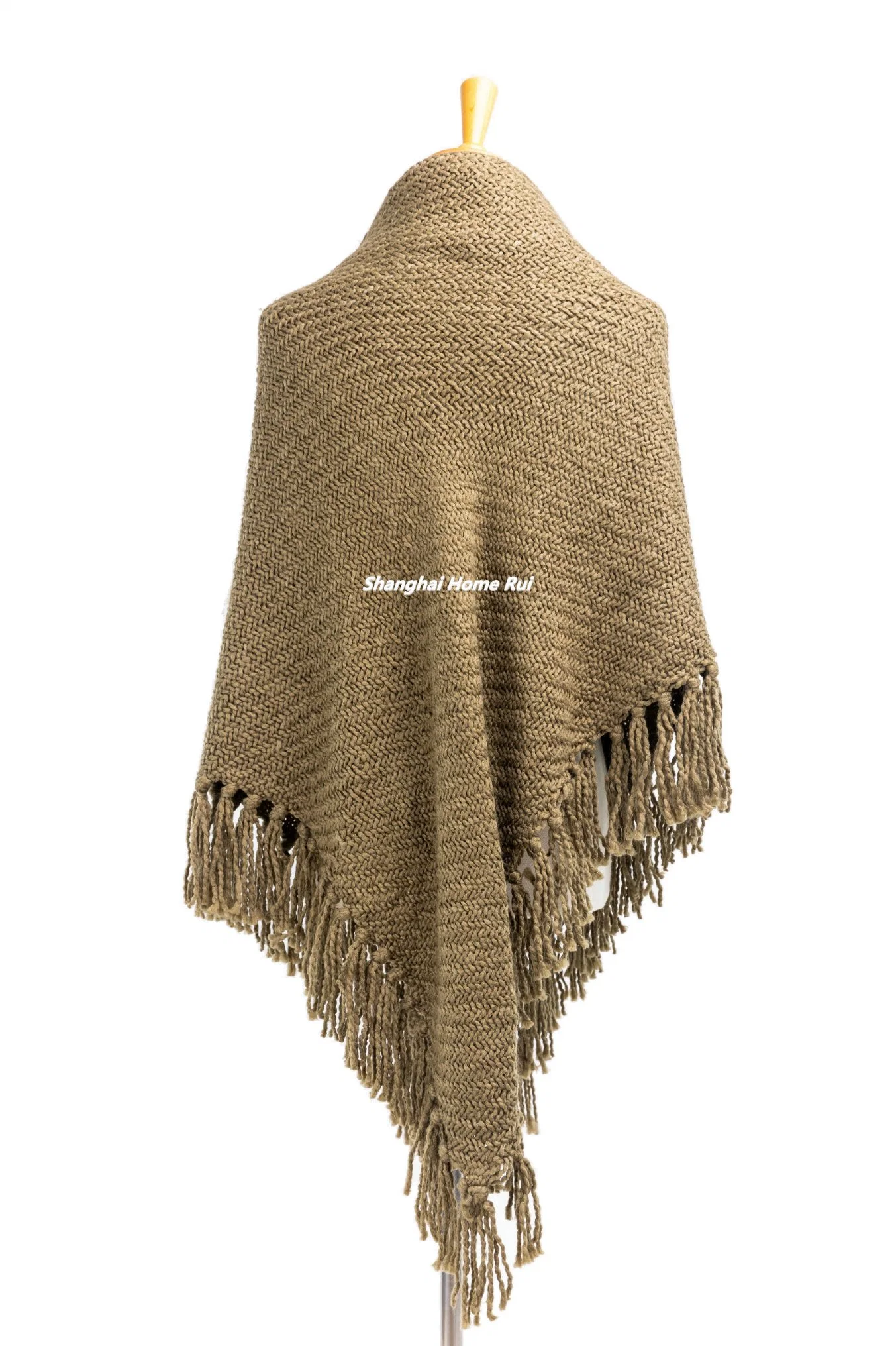 Supplier Outfit Fall Winter Lady Fashion Plus Batwing Sleeve Irregualar Shape Brown Striped Long Tassel Cozy Fluffy Chunky Boat V-Neck Blanket Poncho Pallium