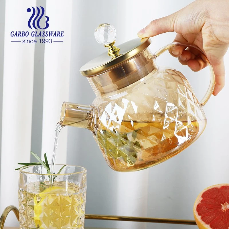 Promotion Gift Golden Colored Pyrex Borosilicate 1L Glass Teapot with Decoration Diamond Lid