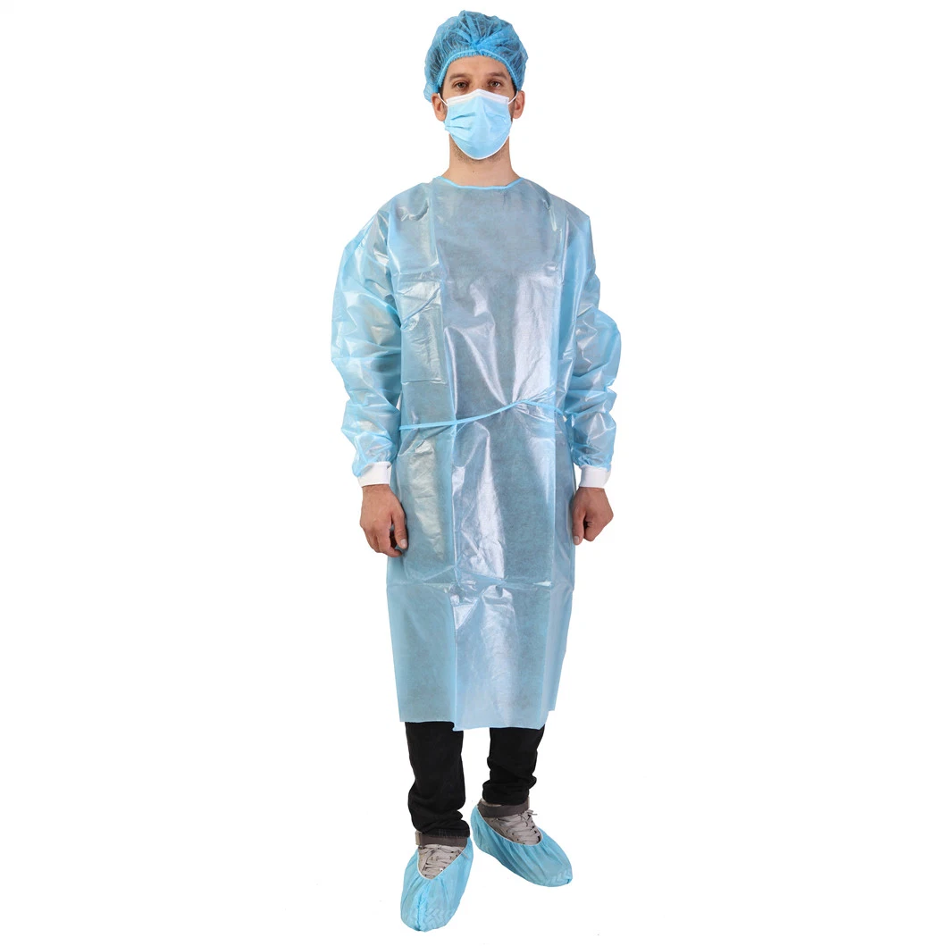 Medical Protective Isolation Gown Blue PP Nonwoven PE Coating Level 1 Fluid Resistant China Supply