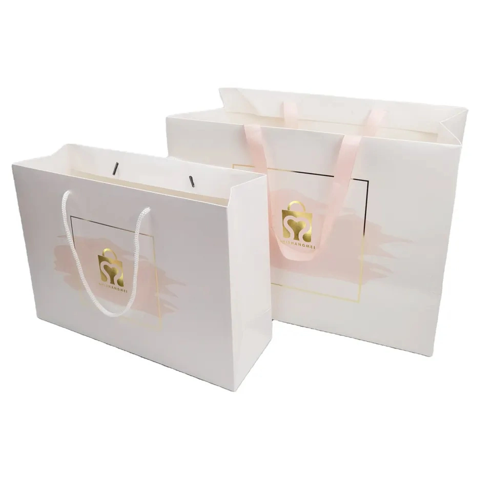 Customize Logo Printed White Boutique Shopping Clothes Paper Bag with Ribbon Handle