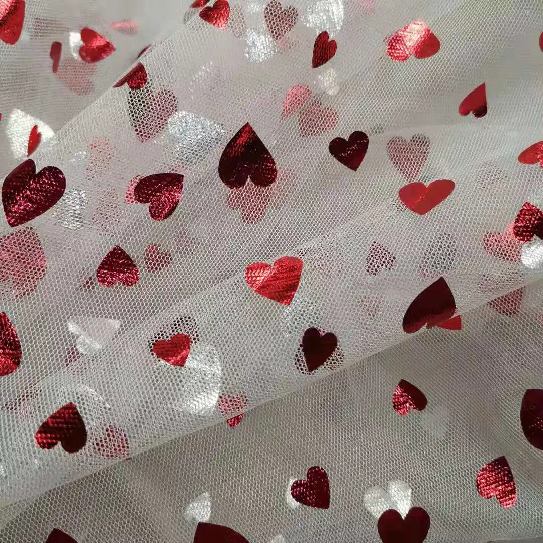 Polyester Digital Fabric Printing Blood Red Heart Color Foil Print Tulle Mesh Fabric