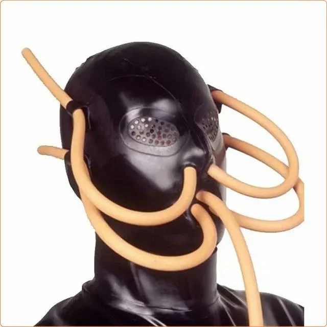 Cosplay Erotic Bondag Bdsm Mask Natual Latex Headgear Sex Toy with Multiple Pipeline