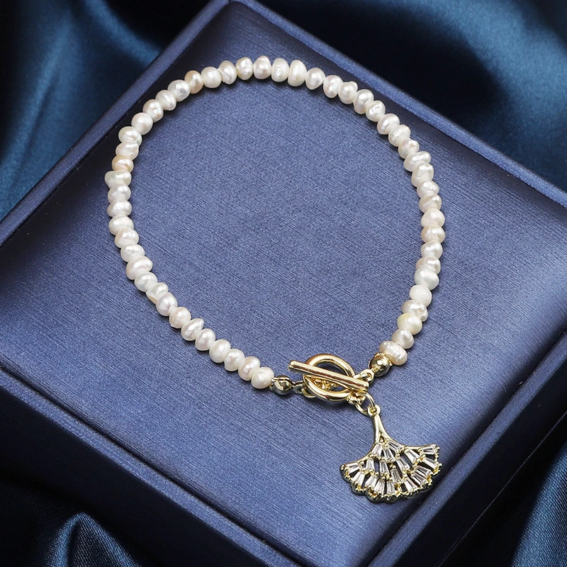 Pearl Bracelete Corrente Ginkgo Leaf Jóias