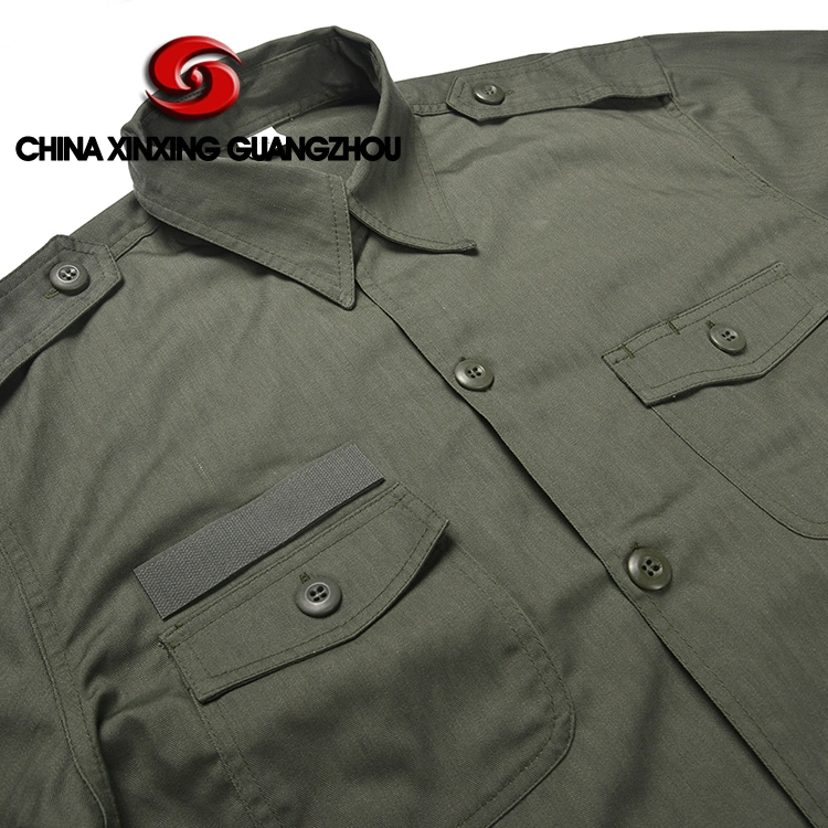 Custom Long Sleeve Polyester Cotton Plain Fabric Olive Green Police Casual Men's Shirt