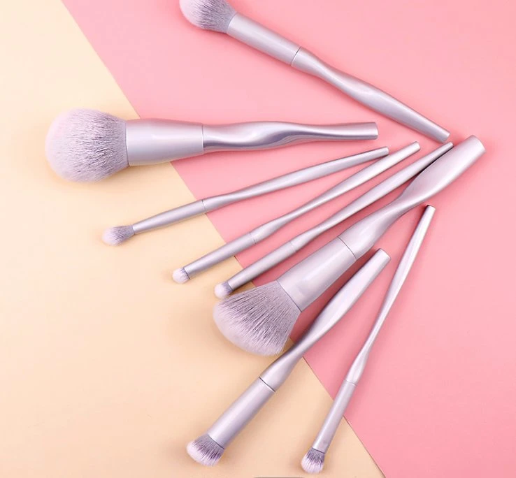 8PCS Silver Color Plastic Twist Type Handle Makeup Brush Set Wholesale Eye Shadow Brush Foundation Brush Beauty Makeup Tool