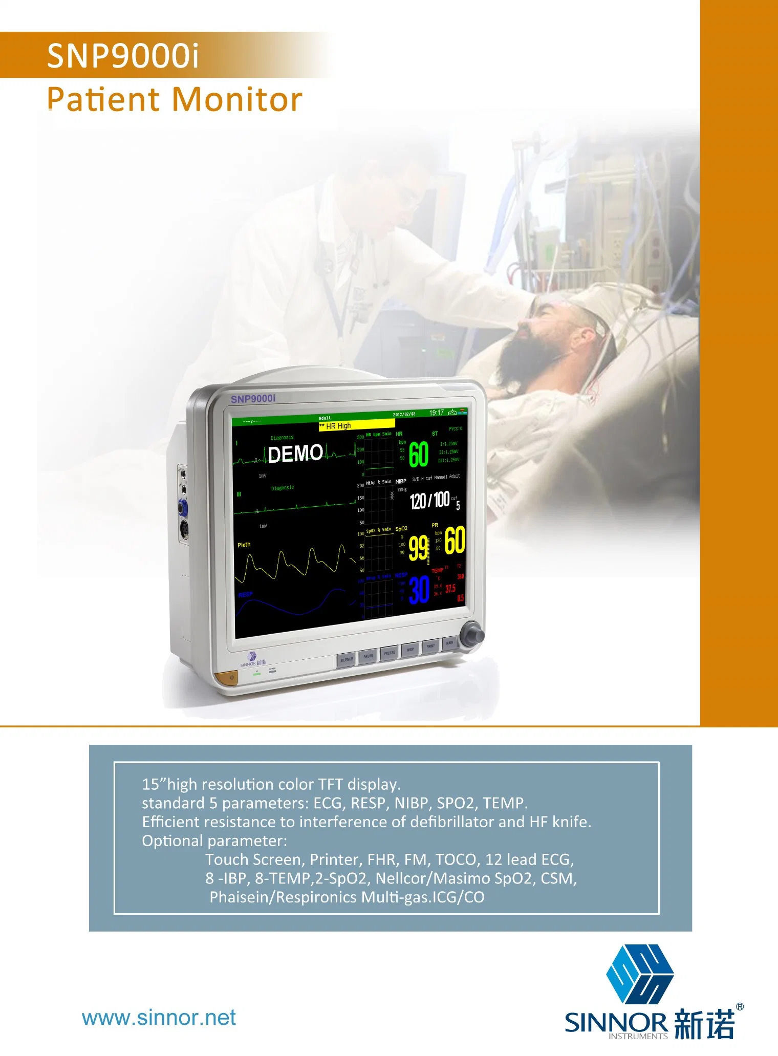 Sinnor Snp9000I 15-Inch Medical 6 Parameter Semi Modular Patient Monitor for ICU Factory Directly