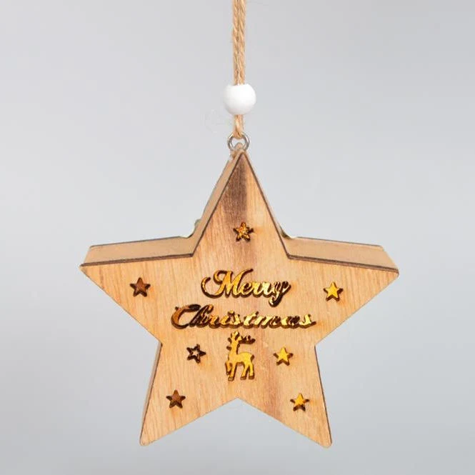 Christmas Tree Ornament Pendants Wooden Craft Hanging Village Houses with Decoration Lights