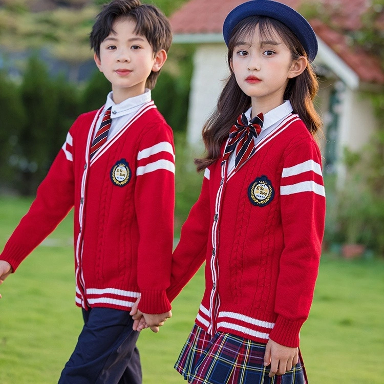 English Style Team Uniform Spring and Autumn Attire Cardigan Red Sweater