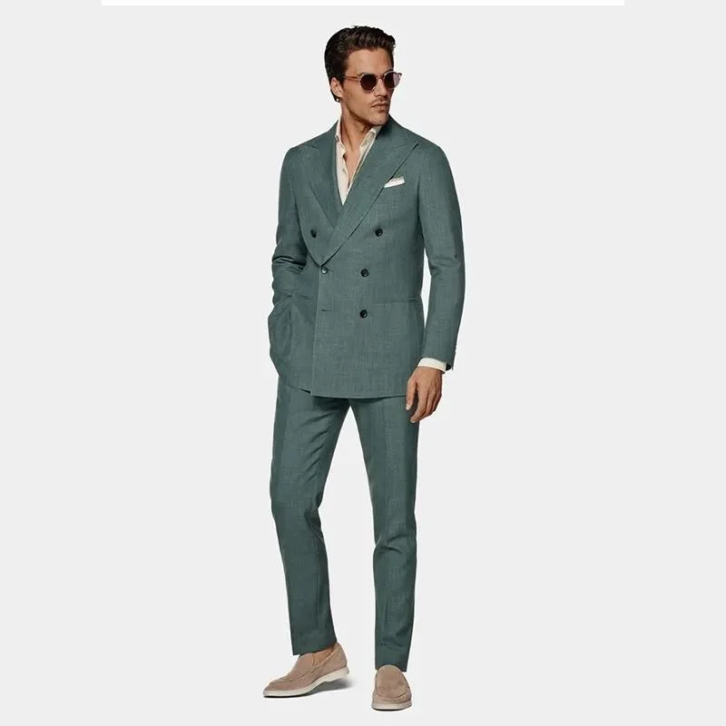 OEM Medium Green Wool, Silk and Hemp Blended Men's Banquet Slim Double-Breasted Suit