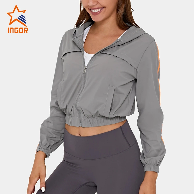 Ingor Sportswear Activewear Manufacturer Custom Women Zipper Hooded Contrast Trim Elastic Cropped Sports Jacket