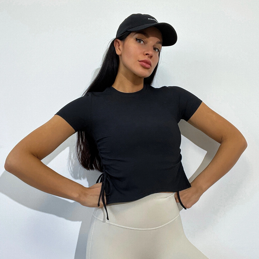 Moda cordón de cordón de cuello redondo ropa de yoga mujeres forma de limming Casual Ropa de manga corta para yoga