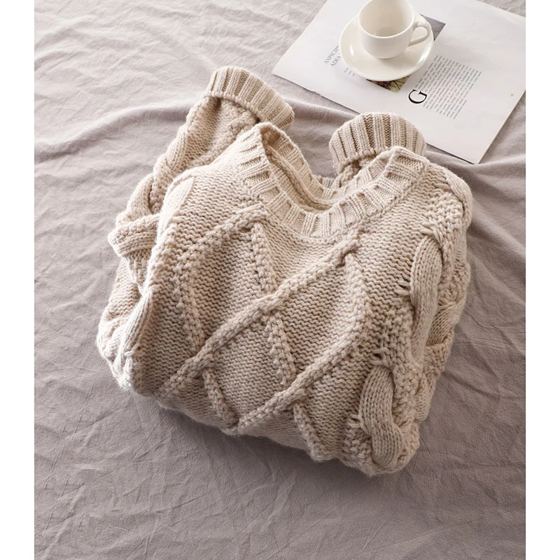 Basic Customization Ladies&prime; Jumper Pure Wool Cable Round Neck Knitted Style