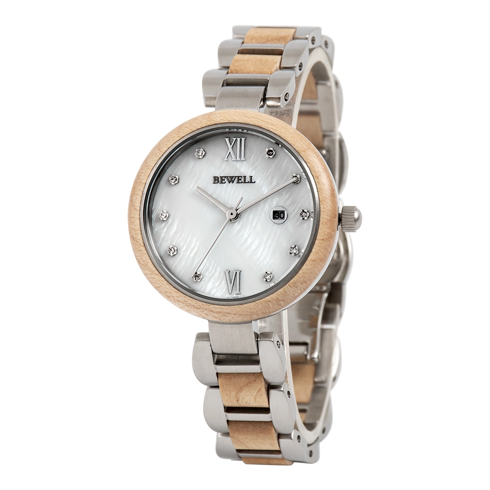 Bewell Fashion en bois naturel en acier inoxydable Mop Dial Lady Watch