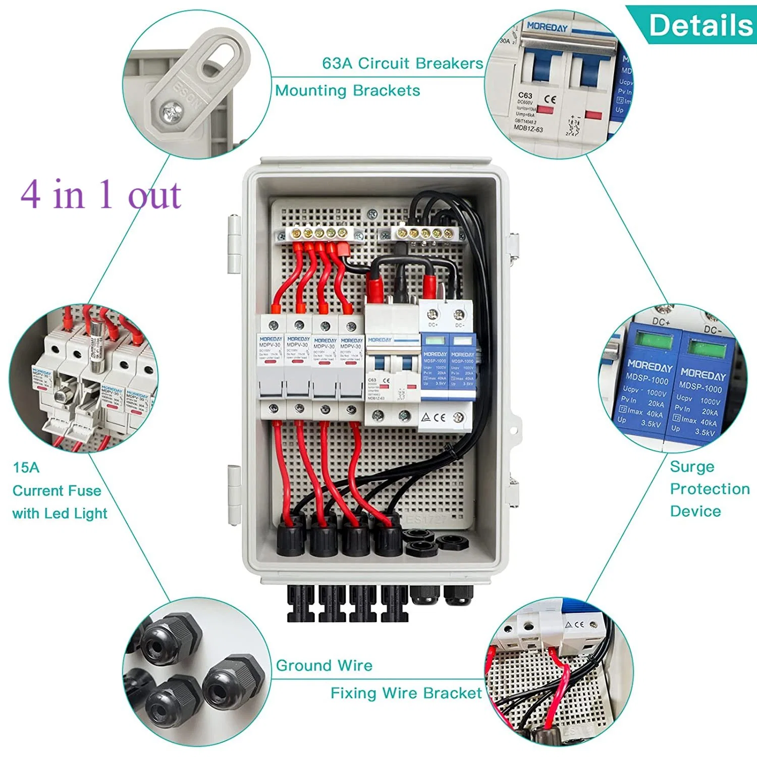 Moreday Inicio Nuevos Productos usados 4 cuerdas DC Combinador Solar combinación Caja Caja de empalmes para el hogar Sistema Solar