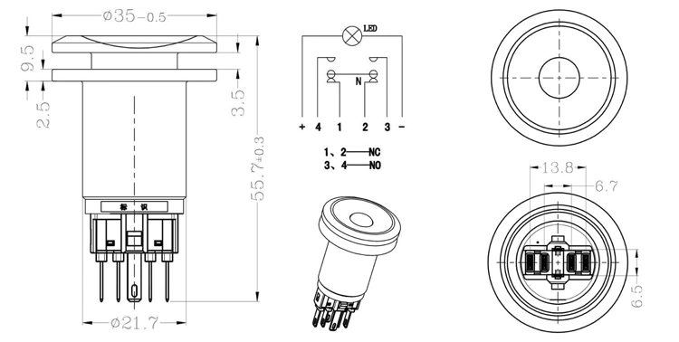 Bonne qualité 22mm Commutateur à bouton poussoir métallique DOT LED Toilettes Big Head Interrupteur à bouton poussoir momentané 1no1nc