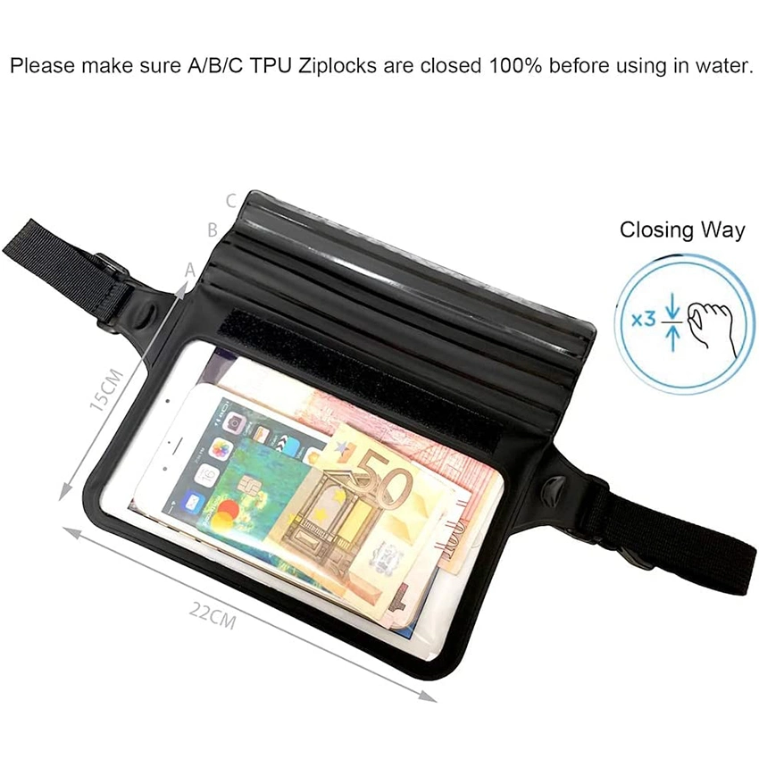 Wasserdichte Tasche mit Screen Touch-Taillenbund und verstellbarem Trageriemen Ihr Telefon Kindle Wallet Geld Wertsachen Dry Bags